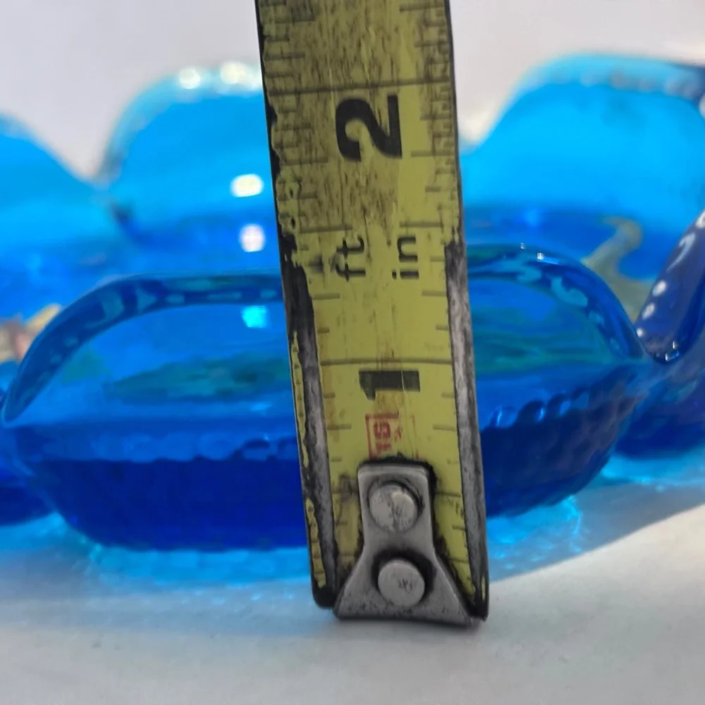 Vintage Blue‎ Glass Ash Tray Hand Painted Butterflies Floral Scalloped Edge